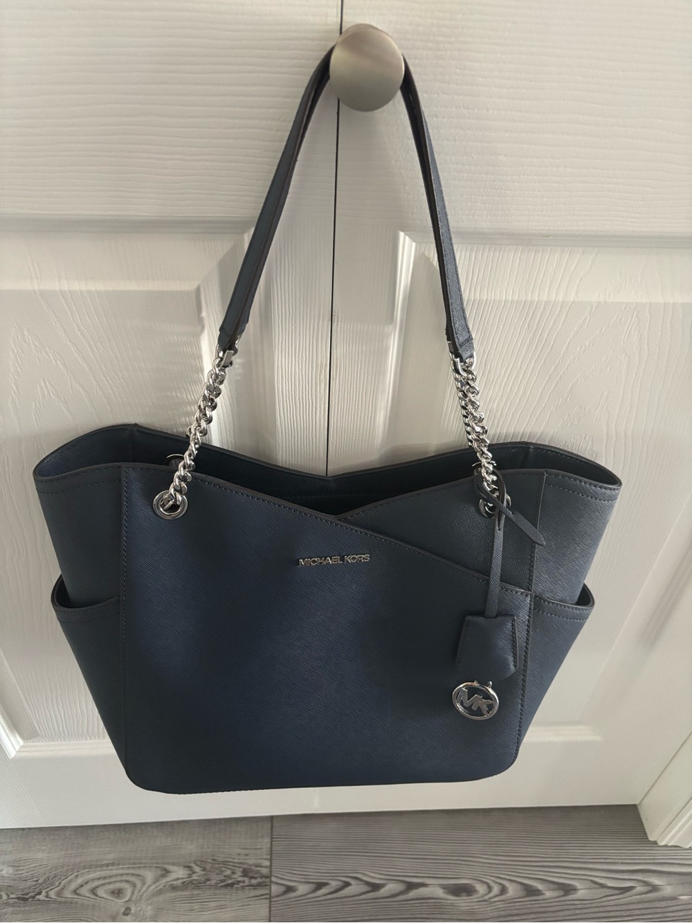 Michael Kors Navy Saffiano Leather Tote with Chain Straps